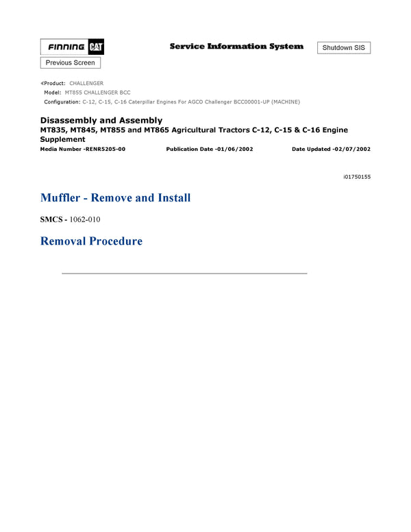 Caterpillar MT855 CHALLENGER Full Complete Service Repair Manual BCC