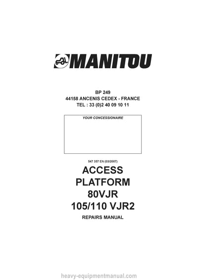 Manitou 105 VJR2 110 VJR2 80 VJR Repairs Manual 547357-EN 2007
