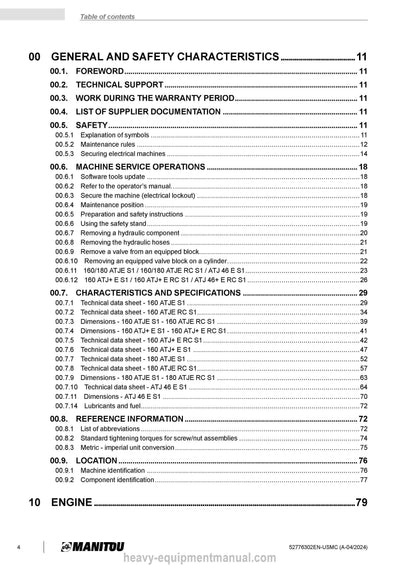 Manitou 160 ATJE S1 to 180 ATJE S1 Service Manual 52776302EN-USMC 2024