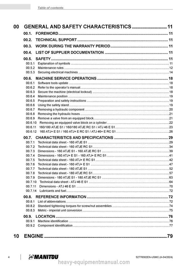 Manitou 160 ATJE S1 to 180 ATJE S1 Service Manual 52776302EN-USMC 2024