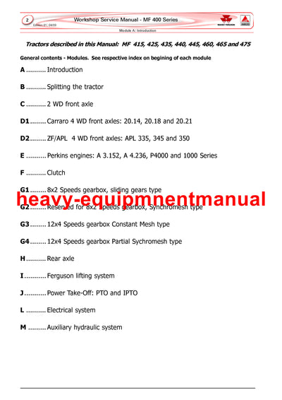 Massey Ferguson MF 400 Series 415, 425, 435, 440, 445, 460, 465, 475 Tractor Workshop Service Repair Manual
