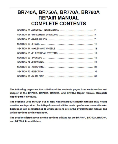 New Holland 60, BR740A, BR750A, BR770A, BR780A Baler Service Manual 87606299 PDF