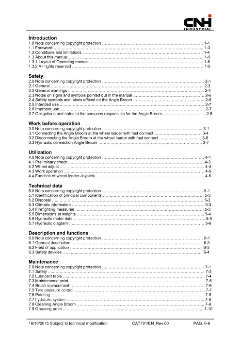 New Holland Angle Broom for 321E HS Compact Wheel Loader Operator Manual 51552836