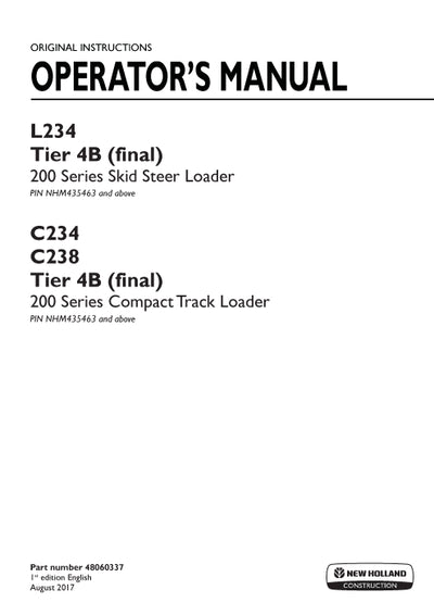 New Holland C238 Tier 4B (final) Compact Track Loader Operator Manual 48060337