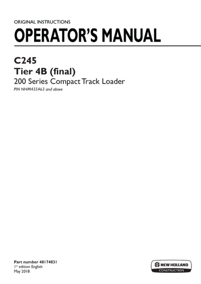 New Holland C245 Tier 4B (final) Compact Track Loader Operator Manual 48174831