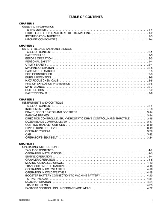 New Holland D85B,D95B Tier 3 Crawler Dozer Operator Manual 87479858NA