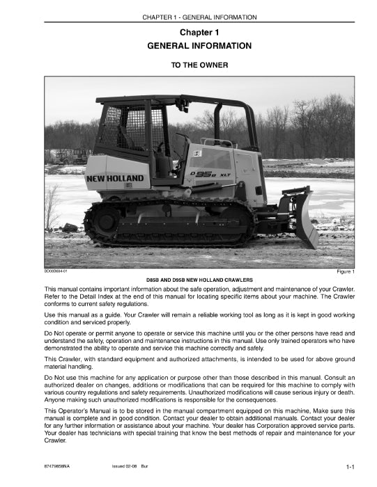 New Holland D85B,D95B Tier 3 Crawler Dozer Operator Manual 87479858NA