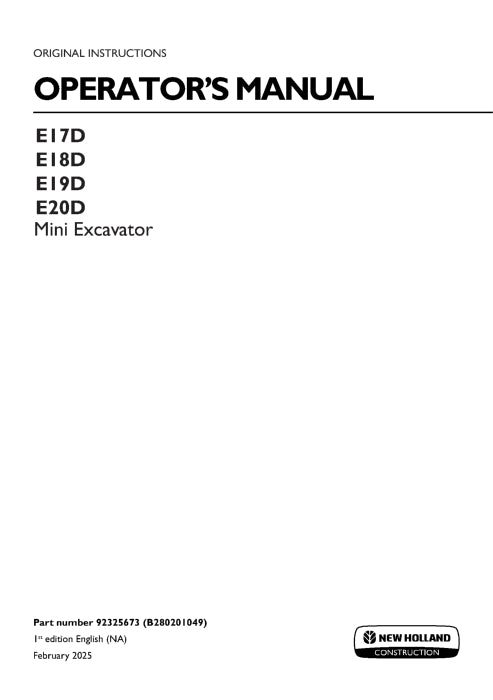 New Holland E17D E18D E19D E20D Mini Excavator Operator Manual 92325673 