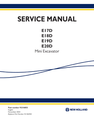 New Holland E17D, E18D, E19D, E20D Mini Excavator Service Manual 92316853