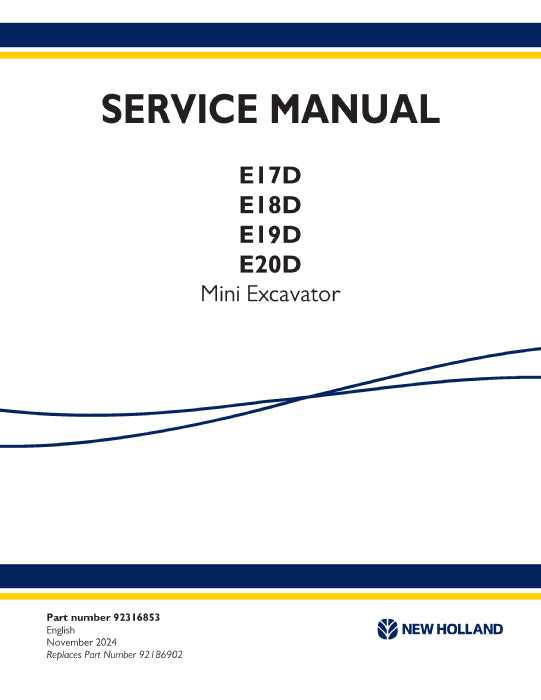 New Holland E17D, E18D, E19D, E20D Mini Excavator Service Manual 92316853