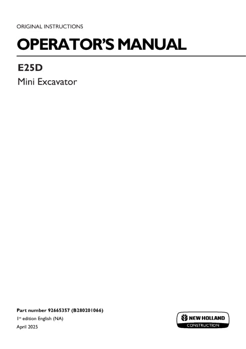 New Holland E25D Mini Excavator Operator Manual 92665357