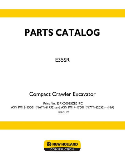 New Holland E35B SR Compact Excavator Parts Manual S3PX00025ZE01NA