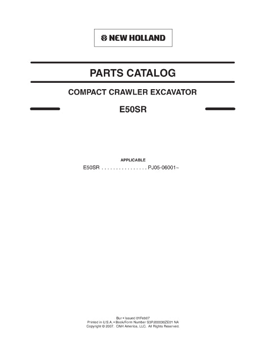 New Holland E50SR Compact Crawler Excavator Parts Manual S3PJ00030ZE01NA