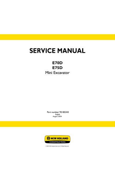 New Holland E70D, E75D Mini Excavator Service Manual 92185343