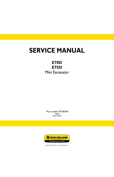 New Holland E70D, E75D Mini Excavator Service Manual 92185343