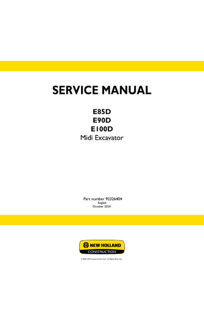 New Holland E85D, E90D, E100D Midi Excavator Service Manual 92326404