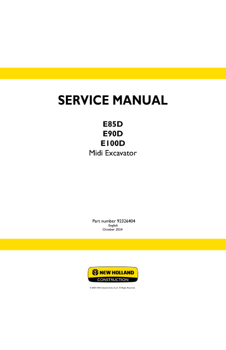 New Holland E85D, E90D, E100D Midi Excavator Service Manual 92326404