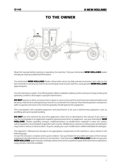New Holland G140 Motor Grader Operator Manual 75314441NA