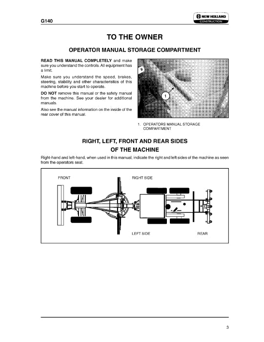 New Holland G140 Tier 3 Grader Operator Manual 87729474NA