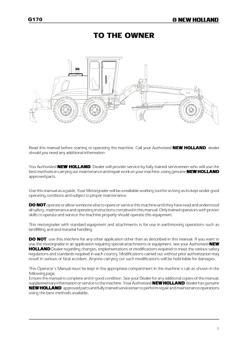 New Holland G170 Motor Grader Operator Manual 75314450NA