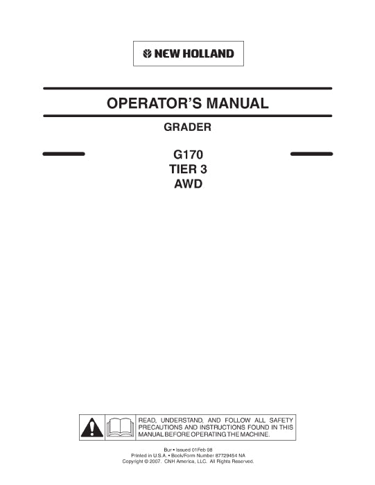 New Holland G170 Tier 3 AWD Grader Operator Manual 87729454NA Download PDF