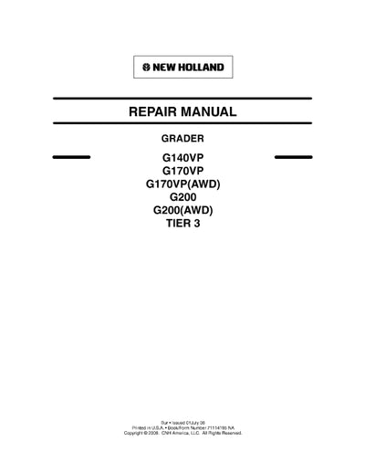 New Holland G200 AWD Tier 3 Grader Service Manual 71114195NA