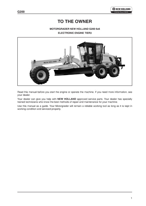 New Holland G200 Tier 3 AWD Grader Operator Manual 87729458NA