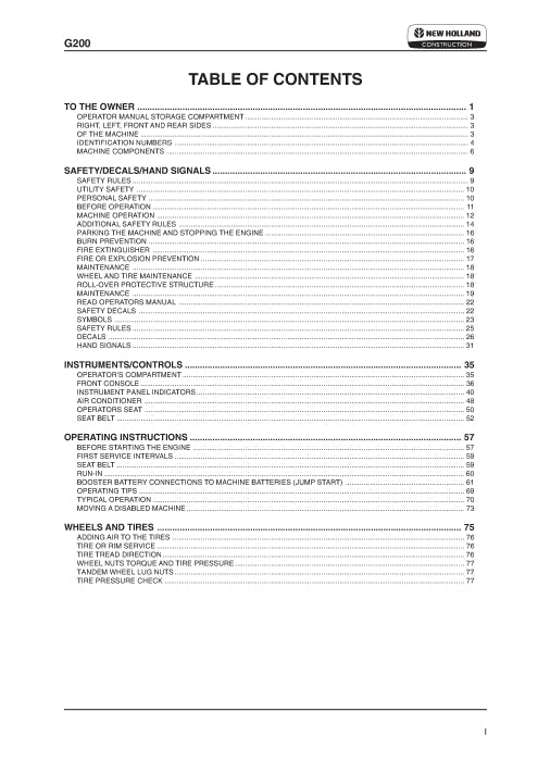 New Holland G200 Tier 3 AWD Grader Operator Manual 87729458NA