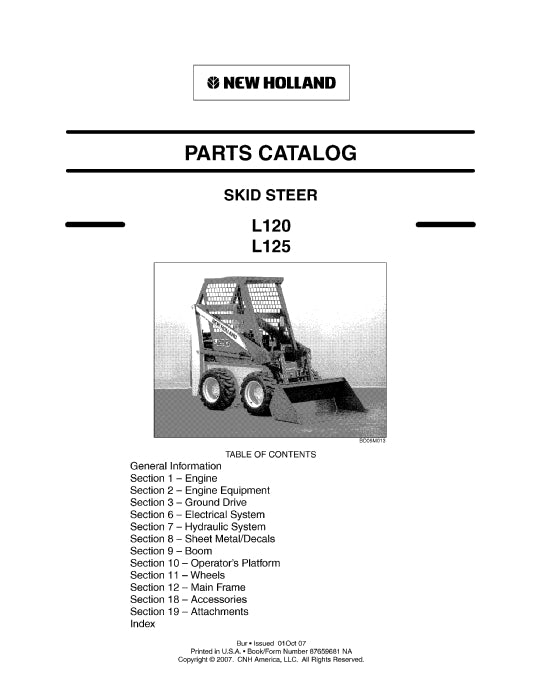 New Holland L120,L125 Skid Steer Loader Parts Manual 87659681NA