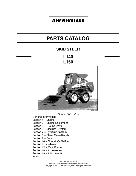 New Holland L140,L150 Skid Steer Loader Parts Manual 87659683NA