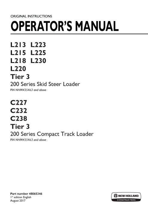 New Holland L215 Tier 3 Skid Steer Loader Operator Manual 48065346