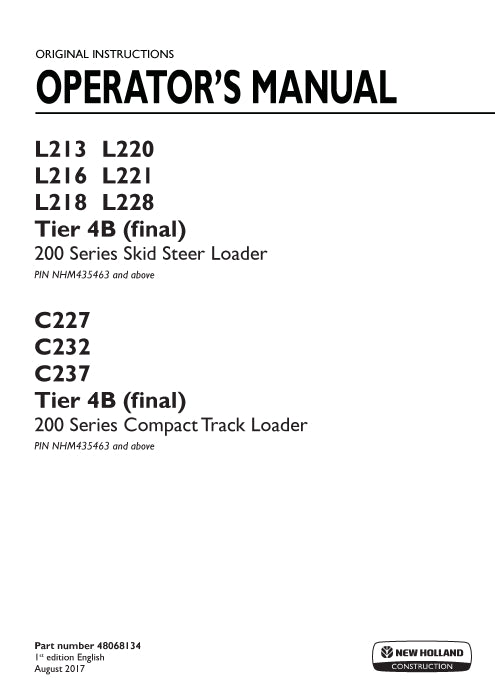 New Holland L216 Tier 4B (final) Skid Steer Loader Operator Manual 48068134