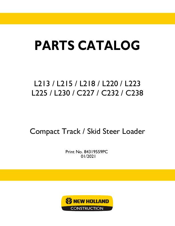 New Holland L225 Skid Steer Loader Parts Manual 84319559