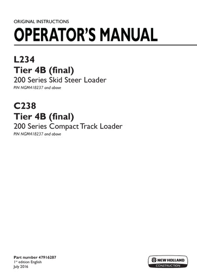New Holland L234 Tier 4B (final) Skid Steer Loader Operator Manual 47916287