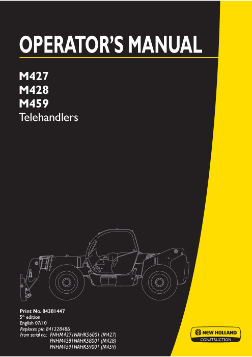 New Holland M427/M428/M459 Telehandler Operator Manual 84381447