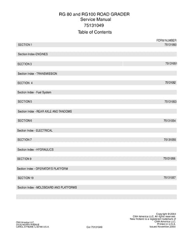 New Holland RG100 Road Grader Service Manual 75131049