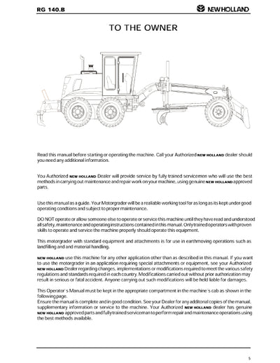 New Holland RG140.B Motor Grader Operator Manual 75314231NA