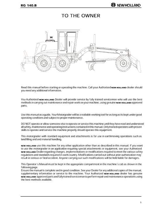 New Holland RG140.B Motor Grader Operator Manual 75314231NA