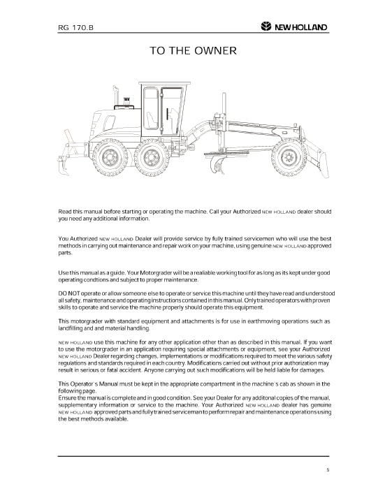 New Holland RG170.B Motor Grader Operator Manual 75314349NA Download PDF