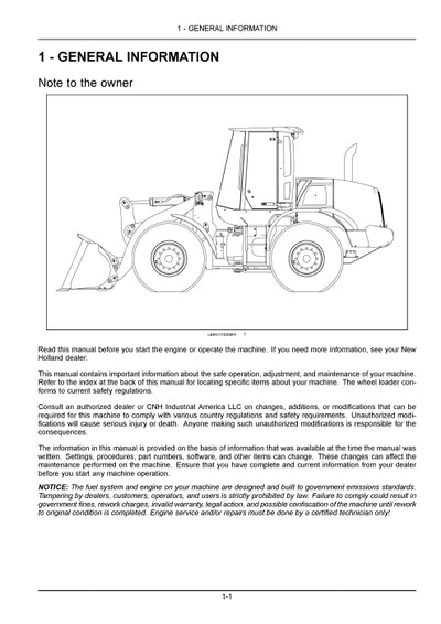 New Holland W110C Tier 4 Wheel Loader Operator Manual 47560119