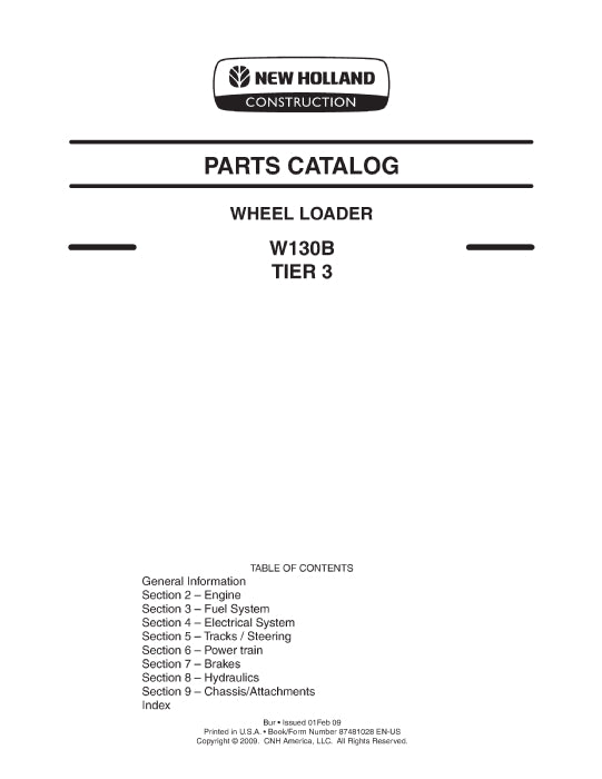 New Holland W130B Tier 3 Wheel Loader Parts Manual 87481028EN-US