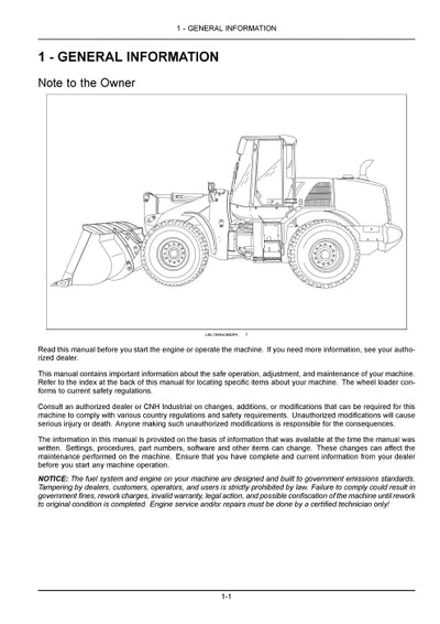 New Holland W190C, W230C Tier 4B (final) Wheel Loader Operator Manual 47535468