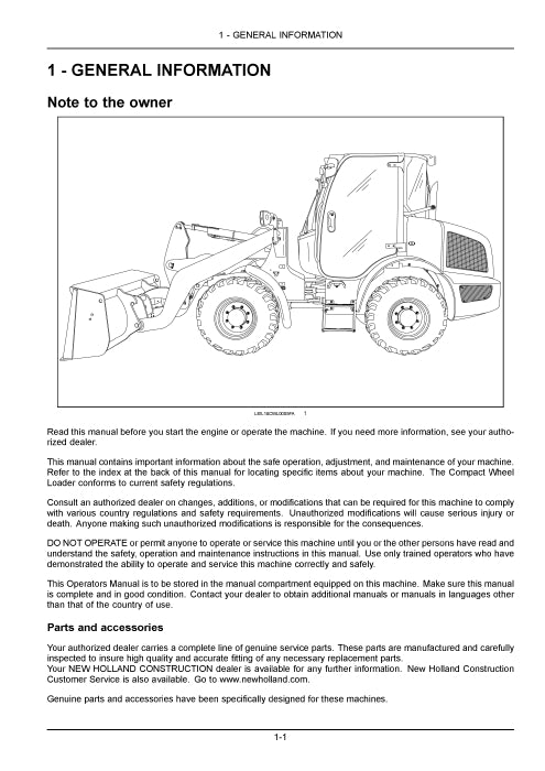 New Holland W60C Tier 4B (Final) Compact Wheel Loader Operator Manual 51519799