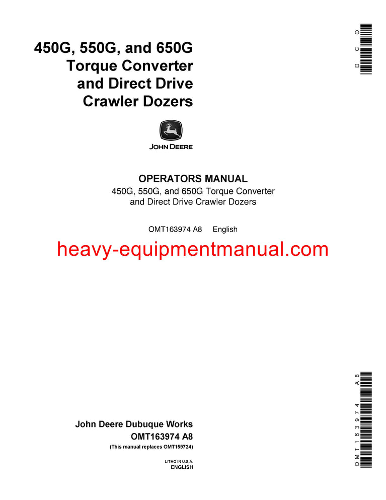 John Deere 450G, 550G, 650G Crawler Dozer Operator Manual OMT163974