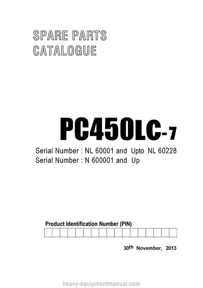 Komatsu PC450LC-7 and additional models (IND) Crawler Excavator Parts Manual SN N600001-UP
