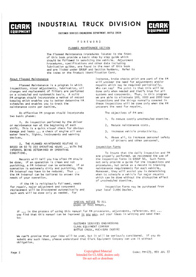 Get Instant Clark PMA-273 Forklift Planned Maintenance &amp; Adjustment Procedures Manual - Download PDF
