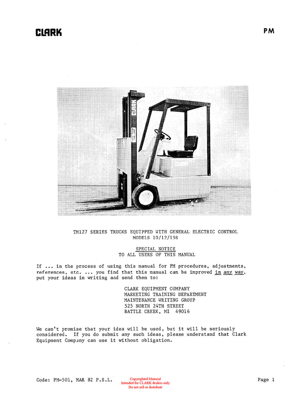 Clark TM 10, 12, 15S with G.E. Control (PMA-501) Forklift Planned Maintenance & Adjustment Manual - PDF Download