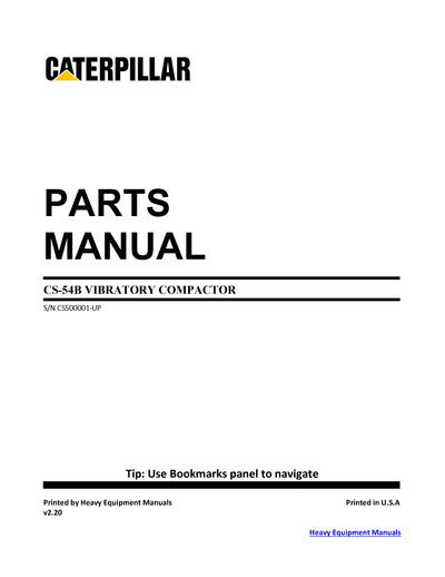 Caterpillar CS-54B Vibratory Compactor Parts Manual S/n Cs500001-up
