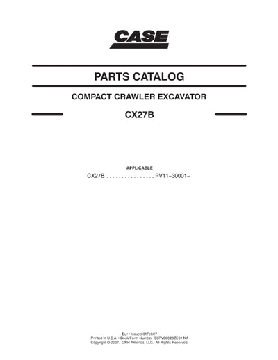 Case CX27B Compact Crawler Excavator Parts Manual S3PV00023ZE01NA