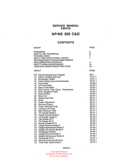 Clark NS NP PM (SM-538) Forklift Service & Adjustment Manual - PDF Download